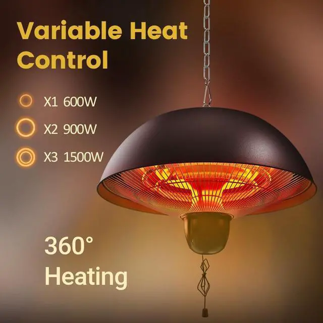 Alt view image 3 of 7 - Hanging Patio Heater, 1500W Outdoor/Indoor Electric Patio Heater, Infrared Patio Heater, Ceiling Electric Heater with 3 Heat Options 600W/900W/1500W