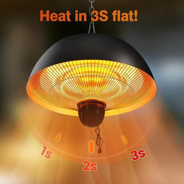 Alt view image 4 of 7 - Hanging Patio Heater, 1500W Outdoor/Indoor Electric Patio Heater, Infrared Patio Heater, Ceiling Electric Heater with 3 Heat Options 600W/900W/1500W