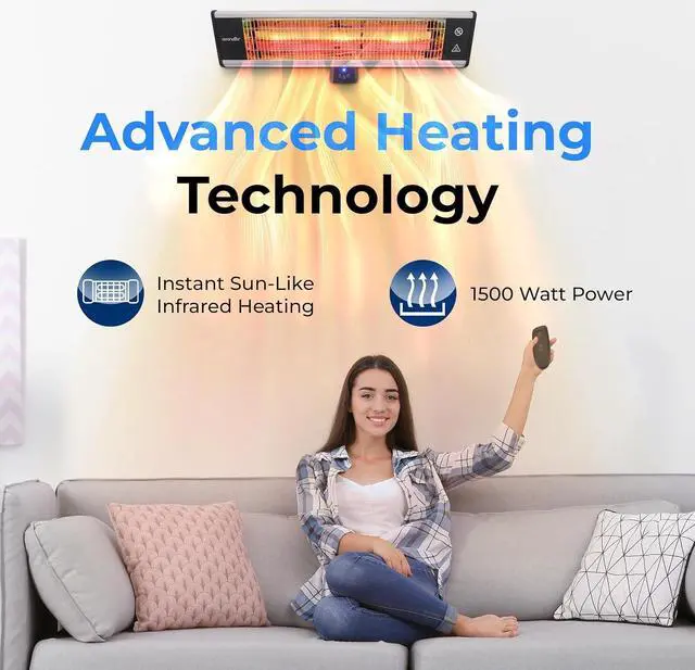 Alt view image 2 of 7 - SereneLife Infrared Outdoor Electric Space Heater, Wall Mounted Heater, 1500 W, Electric Patio Heater w/ Remote Control 26" x 8" for Restaurant, Patio, Backyard, Garage, Decks Black