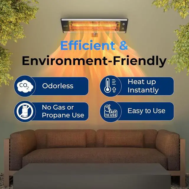 Alt view image 3 of 7 - SereneLife Infrared Outdoor Electric Space Heater, Wall Mounted Heater, 1500 W, Electric Patio Heater w/ Remote Control 26" x 8" for Restaurant, Patio, Backyard, Garage, Decks Black