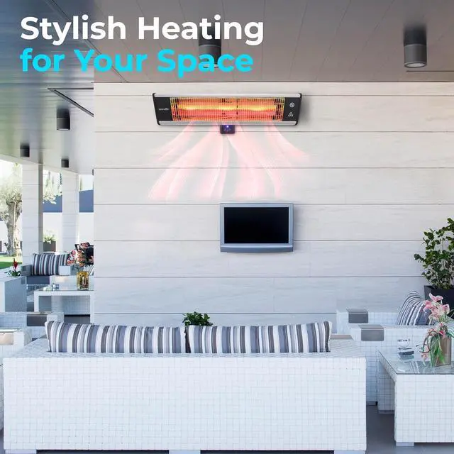 Alt view image 5 of 7 - SereneLife Infrared Outdoor Electric Space Heater, Wall Mounted Heater, 1500 W, Electric Patio Heater w/ Remote Control 26" x 8" for Restaurant, Patio, Backyard, Garage, Decks Black