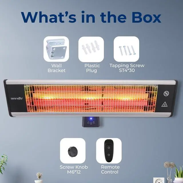 Alt view image 6 of 7 - SereneLife Infrared Outdoor Electric Space Heater, Wall Mounted Heater, 1500 W, Electric Patio Heater w/ Remote Control 26" x 8" for Restaurant, Patio, Backyard, Garage, Decks Black