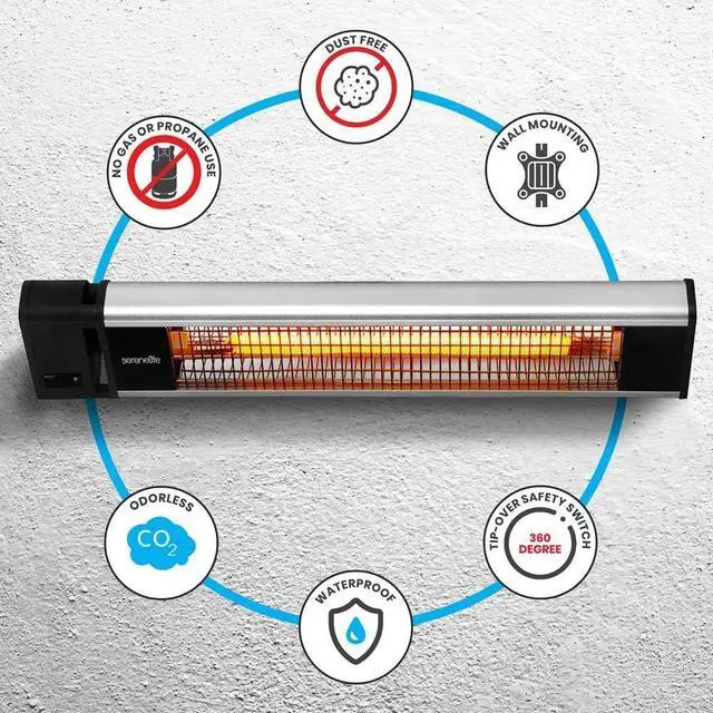 Alt view image 4 of 7 - SereneLife Infrared Outdoor Electric Space Heater, Wall Mounted Heater, 1500 W, Electric Patio Heater w/Remote Control 29" x 6" for Restaurant, Patio, Backyard, Garage, Decks Black