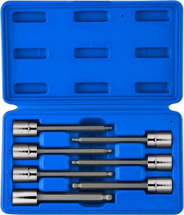 Main image of Neiko 10243A 3/8-Inch-Drive Extra-Long Ball-End Hex-Bit Socket Set, Metric Sockets 3/8" or 3 to 10 mm, S2 Steel, 7-Piece Set