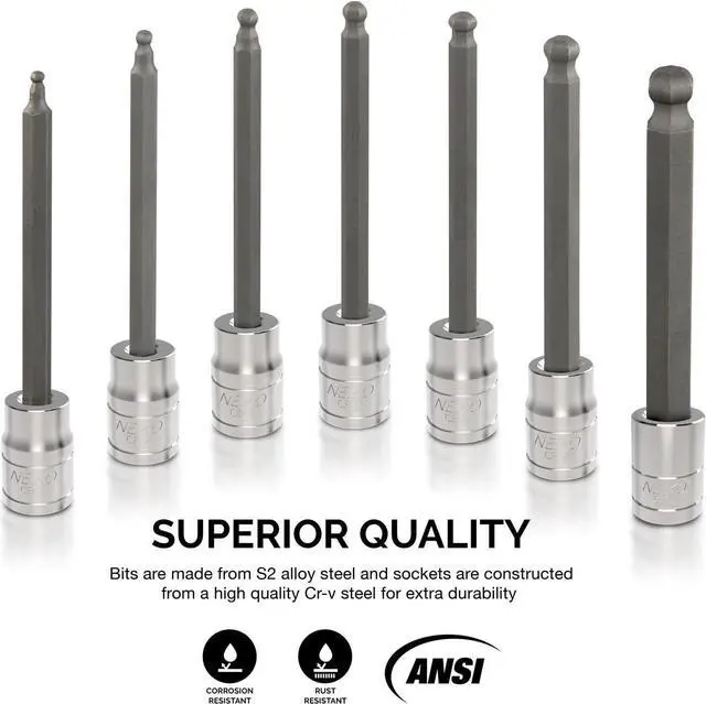 Alt view image 2 of 5 - Neiko 10243A 3/8-Inch-Drive Extra-Long Ball-End Hex-Bit Socket Set, Metric Sockets 3/8" or 3 to 10 mm, S2 Steel, 7-Piece Set