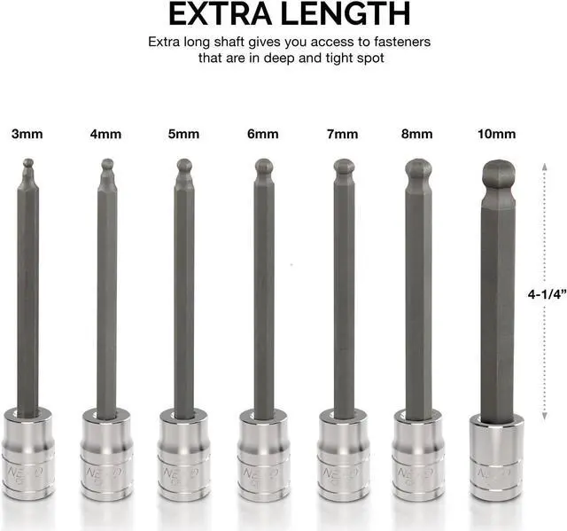 Alt view image 4 of 5 - Neiko 10243A 3/8-Inch-Drive Extra-Long Ball-End Hex-Bit Socket Set, Metric Sockets 3/8" or 3 to 10 mm, S2 Steel, 7-Piece Set