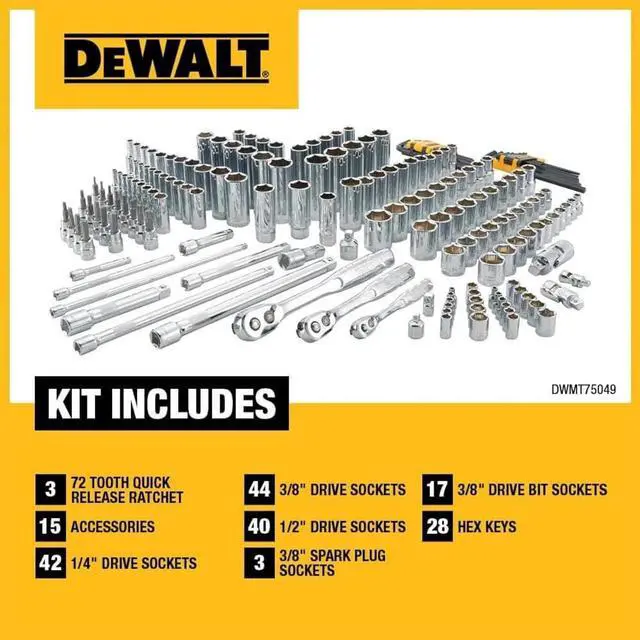 Alt view image 4 of 7 - DEWALT Mechanics Tool Set, SAE and Metric, 1/2, 1/4, 3/8 Drive Sizes, 192-Piece (DWMT75049)
