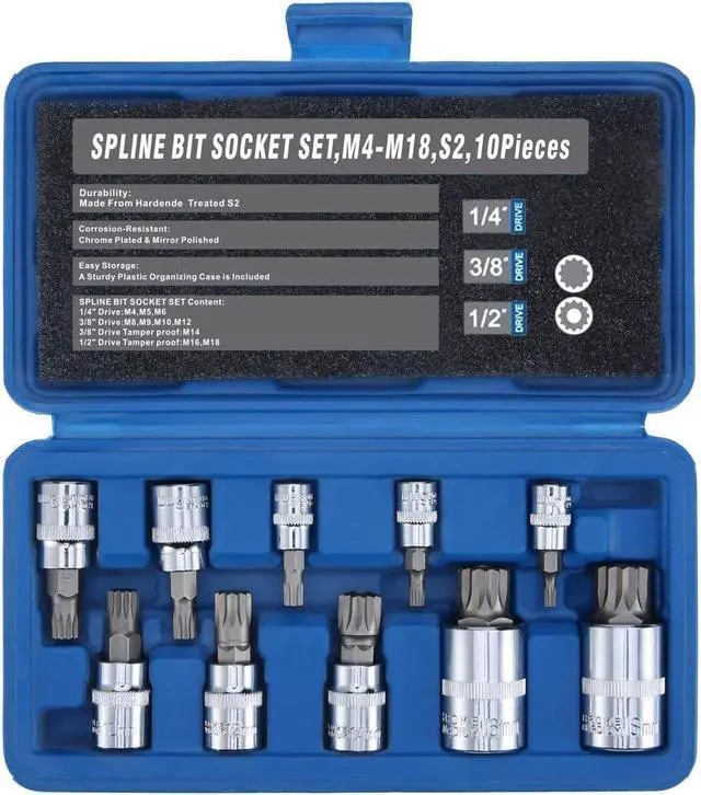Main image of Renekton Triple Square Spline Bit Socket Set XZN,Tamper Proof,1/2" 3/8" 1/4" Drive,M4 - M18,S2 Steel,10 Pieces