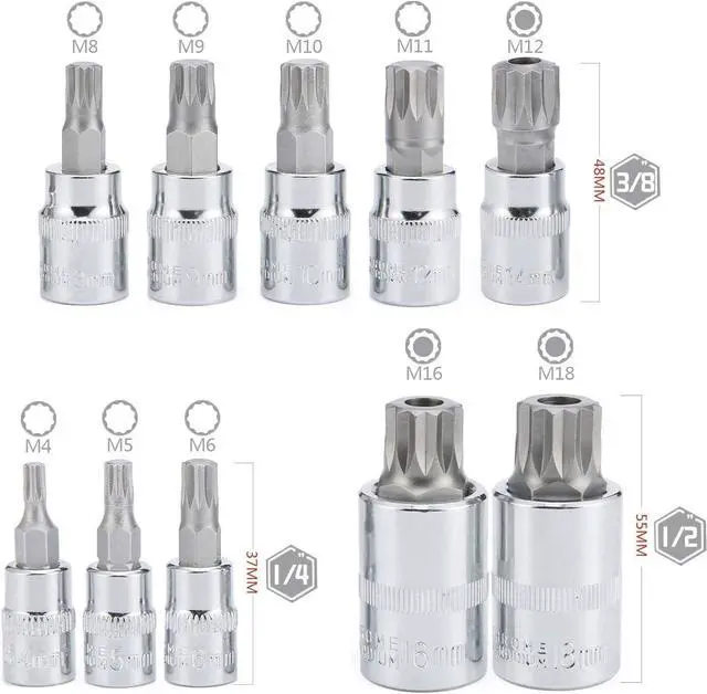 Alt view image 2 of 7 - Renekton Triple Square Spline Bit Socket Set XZN,Tamper Proof,1/2" 3/8" 1/4" Drive,M4 - M18,S2 Steel,10 Pieces