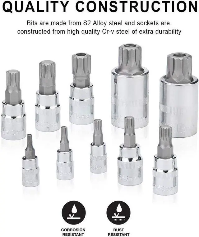 Alt view image 3 of 7 - Renekton Triple Square Spline Bit Socket Set XZN,Tamper Proof,1/2" 3/8" 1/4" Drive,M4 - M18,S2 Steel,10 Pieces
