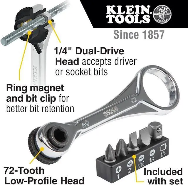 Alt view image 2 of 7 - Klein Tools 65200 Ratchet Set, 5-Piece Mini Ratchet Set with Phillips, Slotted, and Adapter for Other Socket Sizes, For Tight Spaces