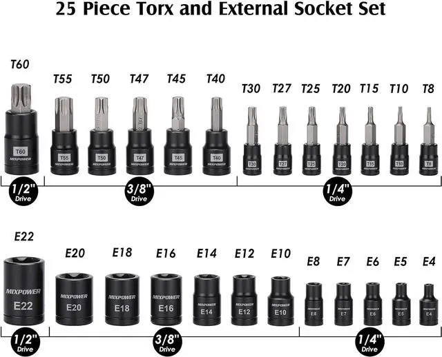 Alt view image 2 of 7 - MIXPOWER 25 Piece Torx Bit and Socket Set, 13 Star Bits (T8- T60) & 12 E-Torx Sockets (E4-E22), Professional Grade Auto & Motorcycle Mechanic Set
