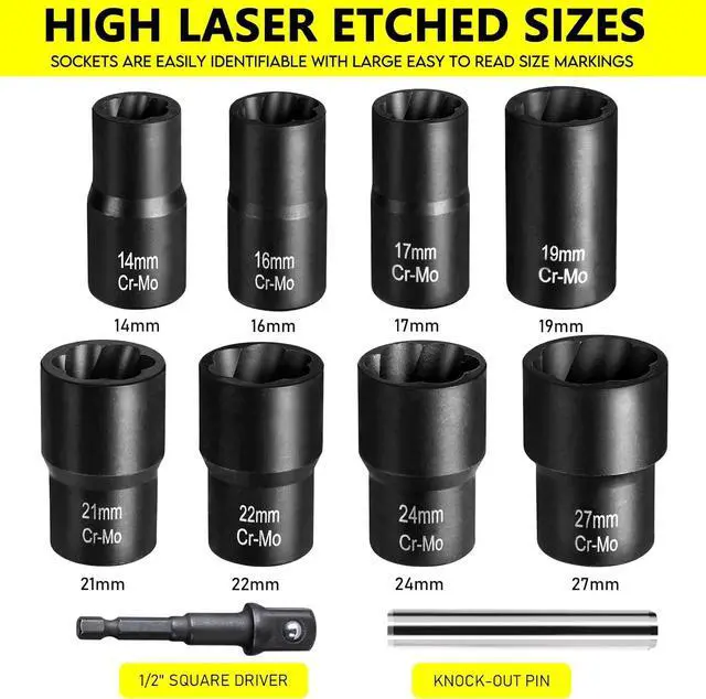 Alt view image 2 of 7 - TOPEC Bolt Extractor Set, 10 Piece Lug Nut Remover Socket Tool, 1/2" Drive Impact Wheel Lock Removal Kit for Removing Damaged, Dead, Rusted, Rounded-Off Bolts, Lug Nuts & Screws