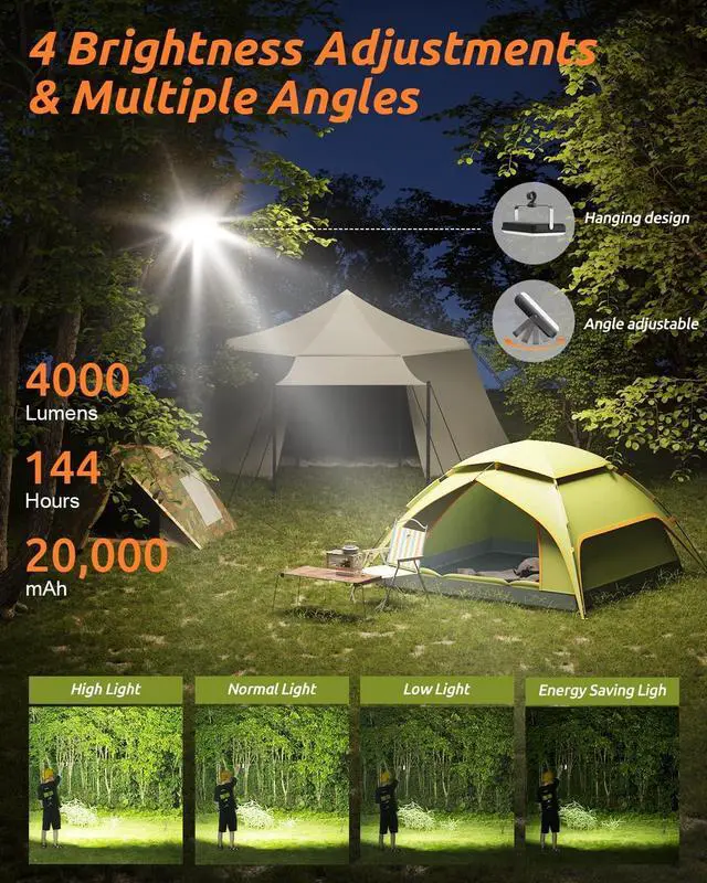 Alt view image 2 of 7 - Eventek LED Camping Lantern Rechargeable 4000LM, 20000mAh Portable Power Bank up to 144 Hours Running, 5 Light Modes, IPX5 Waterproof Tent Light for Power Outages, Emergency, Hurricane, Home, Hiking