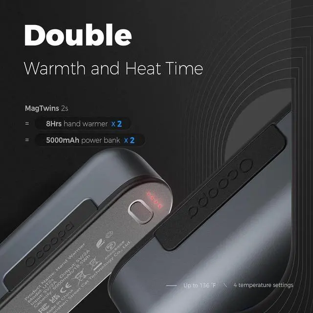 Alt view image 3 of 7 - OCOOPA Hand Warmers Rechargeable 2 Pack, Magnetic Electric Handwarmer, 16 Hrs Warmth 4 Levels Heat Up to 145, USB-C Portable Charger 10000mAh, Raynauds, Golf, Tech Gifts for Men, Union UT2s(MagTwins)