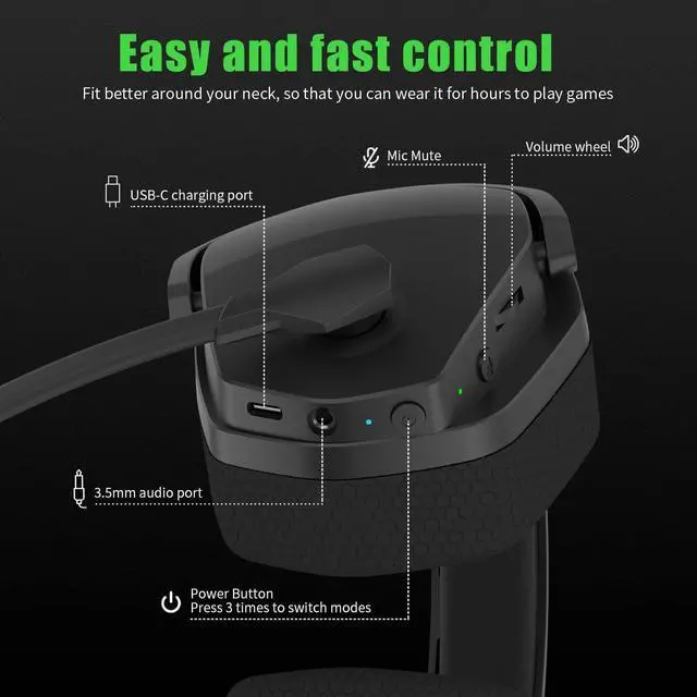 Alt view image 7 of 7 - NUBWO G06 Dual Wireless Gaming Headset with Microphone for PS5, PS4, PC, Mobile, Switch: 2.4GHz Wireless + Bluetooth - 100 Hr Battery - 50mm Drivers - Green