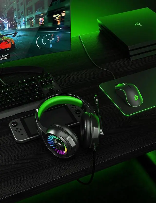 Alt view image 2 of 7 - ZIUMIER Z20 Gaming Headset for PS4, PS5, Xbox One, PC, Wired Over-Ear Headphone with Noise Isolation Microphone, RGB LED Light, Surround Sound,Green
