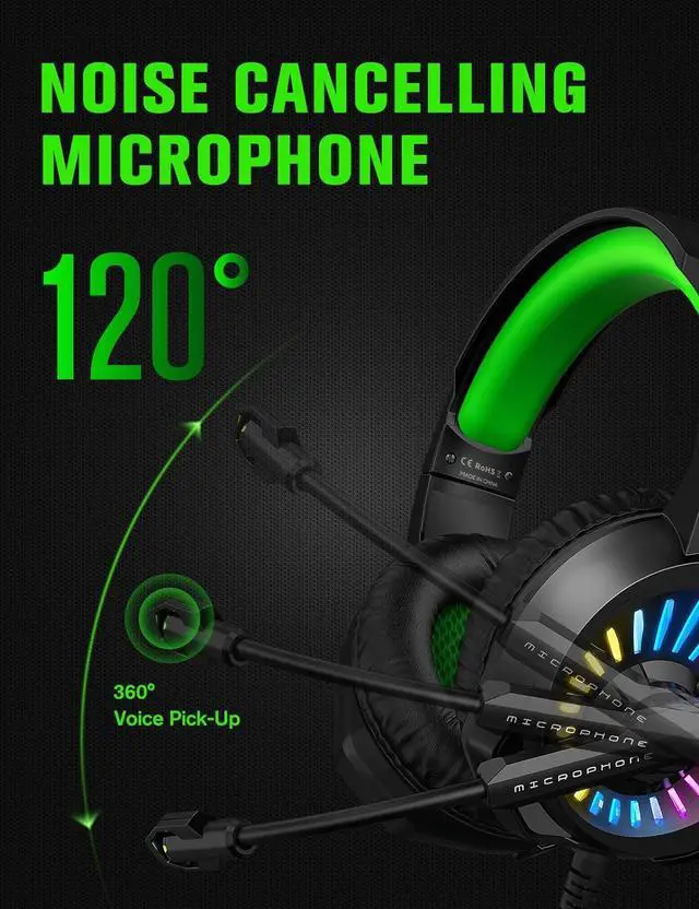 Alt view image 3 of 7 - ZIUMIER Z20 Gaming Headset for PS4, PS5, Xbox One, PC, Wired Over-Ear Headphone with Noise Isolation Microphone, RGB LED Light, Surround Sound,Green