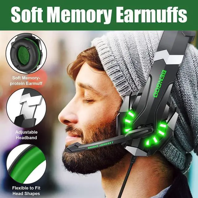 Alt view image 3 of 7 - BENGOO G9000 Stereo Gaming Headset for PS4 PC Xbox One PS5 Controller, Noise Cancelling Over Ear Headphones with Mic, LED Light, Bass Surround, Soft Memory Earmuffs for Laptop Mac - Green