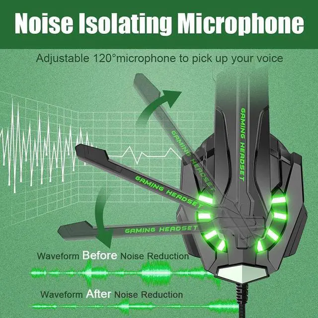 Alt view image 4 of 7 - BENGOO G9000 Stereo Gaming Headset for PS4 PC Xbox One PS5 Controller, Noise Cancelling Over Ear Headphones with Mic, LED Light, Bass Surround, Soft Memory Earmuffs for Laptop Mac - Green
