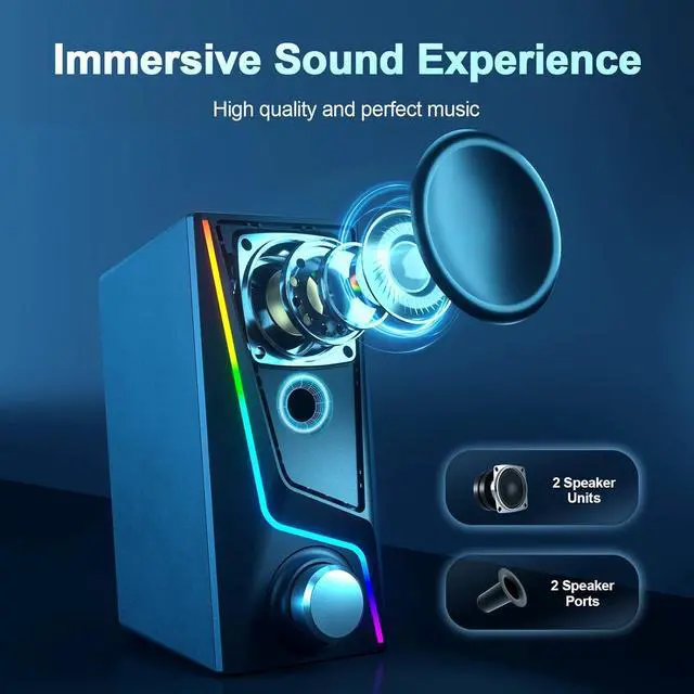 Alt view image 2 of 6 - Computer Speakers, PC Speakers with 6 Lighting Modes, USB Powered Computer Speakers for Desktop Monitor with 2 Bass-Boost Ports, 2 Speaker Units, and 3.5mm Aux-in Cable for PC, Laptop, Tablet, Phone