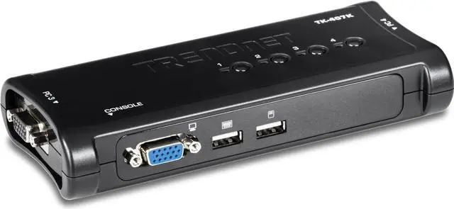 Main image of TRENDnet 4-Port USB KVM Switch Kit, VGA and USB Connections, 2048 x 1536 Resolution, Cabling Included, Control Up to 4 Computers, Compliant with Window, Linux, and Mac OS, Black, TK-407K