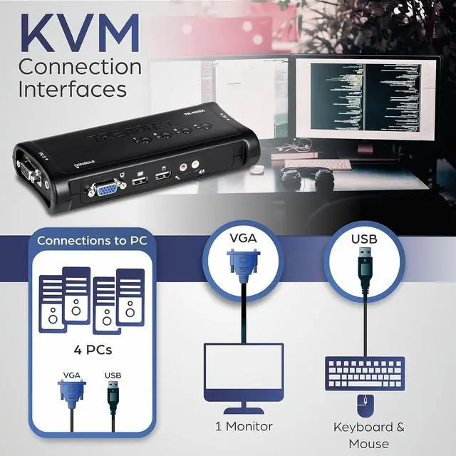 Alt view image 2 of 7 - TRENDnet 4-Port USB KVM Switch Kit, VGA and USB Connections, 2048 x 1536 Resolution, Cabling Included, Control Up to 4 Computers, Compliant with Window, Linux, and Mac OS, Black, TK-407K