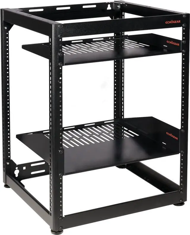 Main image of ECHOGEAR 15U Open Frame Rack for Servers & AV Gear - Wall Mountable Design Includes 2X Vented Shelves, 25x Rack Mounting Screws, 4X Leveling Feet, 4X Shelf Stops, & 2X Securement Straps