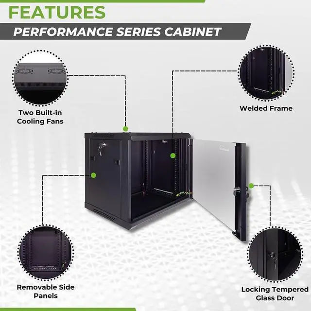 Alt view image 2 of 6 - NavePoint 9U Server Cabinet Wall Mount Rack Enclosure Includes 2 Fans, Locking Glass Door, Removable Side Panels  9U Network Cabinet 17.7 Deep, 19 Inch Server Rack for IT and A/V Equipment