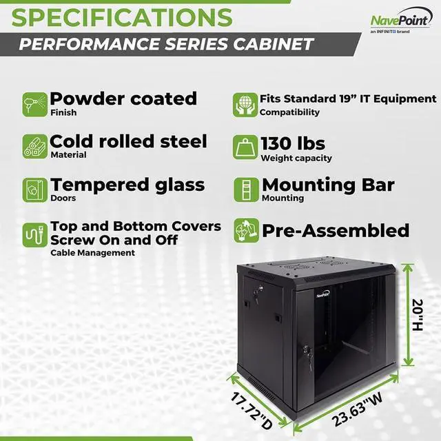 Alt view image 4 of 6 - NavePoint 9U Server Cabinet Wall Mount Rack Enclosure Includes 2 Fans, Locking Glass Door, Removable Side Panels  9U Network Cabinet 17.7 Deep, 19 Inch Server Rack for IT and A/V Equipment