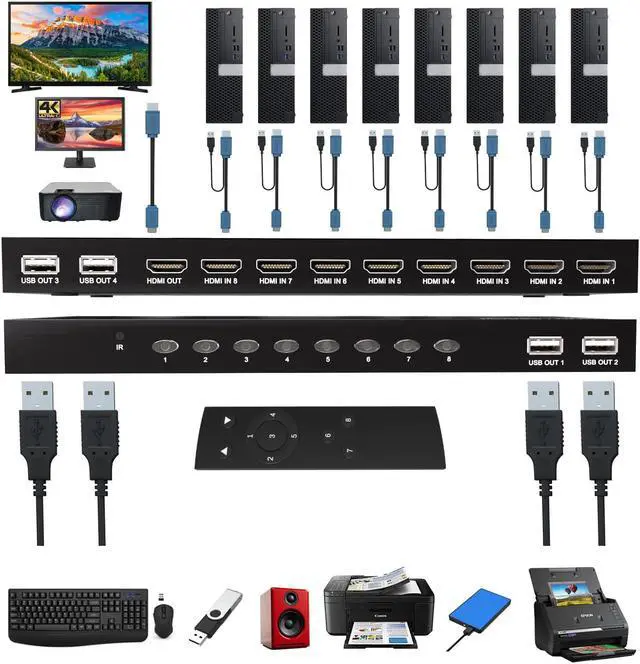 Alt view image 3 of 7 - KVM Switch HDMI 8 Port - HDMI Switch with Remote- USB Switch Selector for 8 Computers Share Keyboard Mouse Printer,Flash Drive,HD Monitor, Support 4K@30Hz, 8 HDMI KVM Cables 1 Remote Included