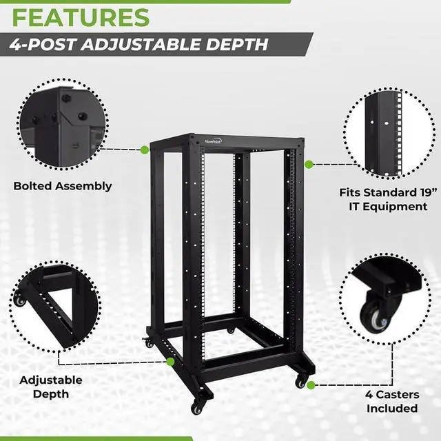 Alt view image 2 of 7 - NavePoint 22U 4 Post Server Rack  Open Frame Rack for 19 Inch Equipment, Adjustable Depth 4-Post Network Rack with Casters Wheels, 22U Server Rack 881lbs Capacity, Black