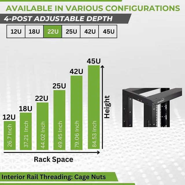 Alt view image 3 of 7 - NavePoint 22U 4 Post Server Rack  Open Frame Rack for 19 Inch Equipment, Adjustable Depth 4-Post Network Rack with Casters Wheels, 22U Server Rack 881lbs Capacity, Black