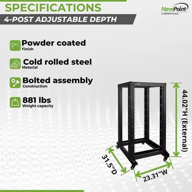Alt view image 4 of 7 - NavePoint 22U 4 Post Server Rack  Open Frame Rack for 19 Inch Equipment, Adjustable Depth 4-Post Network Rack with Casters Wheels, 22U Server Rack 881lbs Capacity, Black