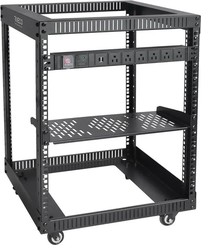Main image of RIVECO 12U Server Rack Open Frame with Wheels + PDU (8 Outlets) Power Strip Surge Protector +1 Shelf Cantilever Tray Set Black