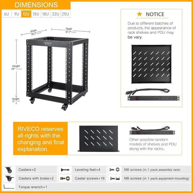 Alt view image 2 of 5 - RIVECO 12U Server Rack Open Frame with Wheels + PDU (8 Outlets) Power Strip Surge Protector +1 Shelf Cantilever Tray Set Black