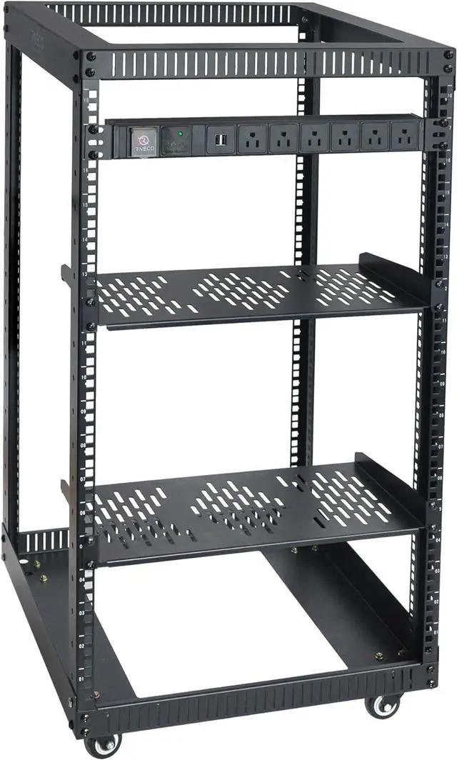 Main image of RIVECO 18U Open Frame Server Rack with Brake Casters + PDU (8 Outlets) Power Strip Surge Protector + 2 Pcs Shelves Cantilever Tray Set Black