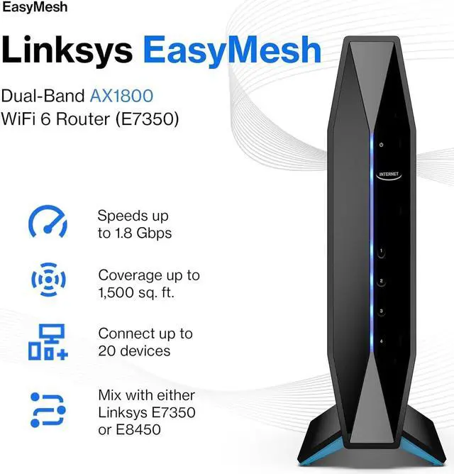 Alt view image 2 of 6 - Linksys AX1800 Wi-Fi 6 Router Home Networking, Dual Band Wireless AX Gigabit WiFi Router, Speeds up to 1.8 Gbps and coverage 1,500 sq ft, Parental Controls, maximum 20 devices (E7350)