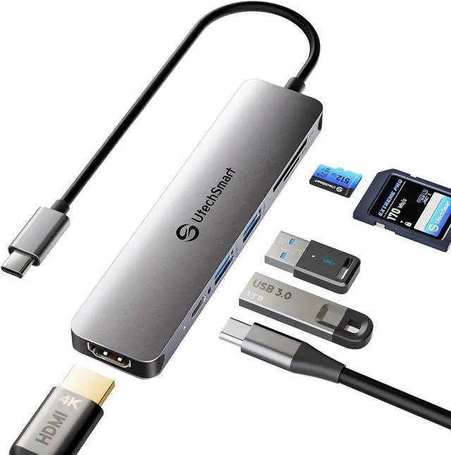 Main image of UtechSmart USB C Hub, 4K@60Hz USB C to HDMI Adapter for MacBook Pro Air, 6 in 1 USB C Dongle Compatible for USB C Laptop and Type C Devices (100W PD Port/HDMI/SD/TF Card Reader/2*USB3.0)