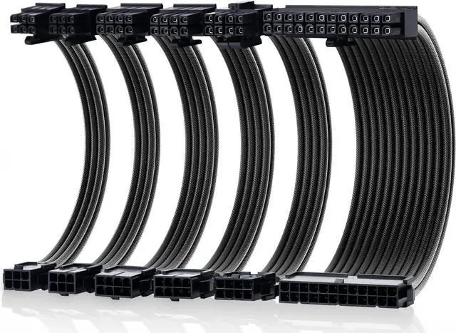 Main image of Cable Matters 12-inch 6-Piece Sleeved PSU Extension Cable Kit (Power Supply Extension Cable, PSU Cables Kit) in Black  with 24-pin ATX, 4+4 Pin EPS, 2X 8-pin PCIe, and 2X 6-pin PCIe Extension Cables