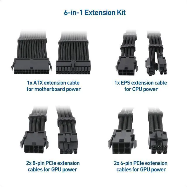Alt view image 2 of 7 - Cable Matters 12-inch 6-Piece Sleeved PSU Extension Cable Kit (Power Supply Extension Cable, PSU Cables Kit) in Black  with 24-pin ATX, 4+4 Pin EPS, 2X 8-pin PCIe, and 2X 6-pin PCIe Extension Cables