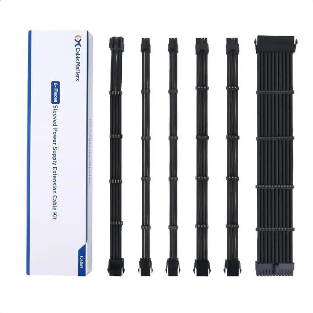Alt view image 7 of 7 - Cable Matters 12-inch 6-Piece Sleeved PSU Extension Cable Kit (Power Supply Extension Cable, PSU Cables Kit) in Black  with 24-pin ATX, 4+4 Pin EPS, 2X 8-pin PCIe, and 2X 6-pin PCIe Extension Cables