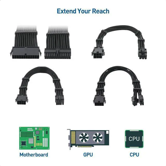 Alt view image 5 of 7 - Cable Matters 12-inch 6-Piece Sleeved PSU Extension Cable Kit (Power Supply Extension Cable, PSU Cables Kit) in Black  with 24-pin ATX, 4+4 Pin EPS, 2X 8-pin PCIe, and 2X 6-pin PCIe Extension Cables