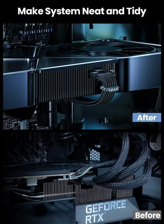 Alt view image 3 of 7 - Fasgear PCI-e 5.0 Extension Cable 30cm/1ft 16 Pin(12+4) Male to PCIE 3x8Pin(6+2) Female Sleeved Extension Cable with 4 Cable Combs 12VHPWR 16AWG Cable Compatible for GPU RTX 3090Ti 4070Ti 4080 4090