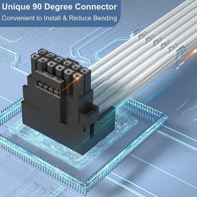 Alt view image 2 of 7 - PCI-e 5.0 Cable Extender 90 Degree Angle, 12VHPWR Connector 16Pin(12+4) Male to 3x8Pin Female 16AWG Sleeved Power Extension Cord with Cable Combs for RTX 4090/4080/3090Ti (12.6in, White)