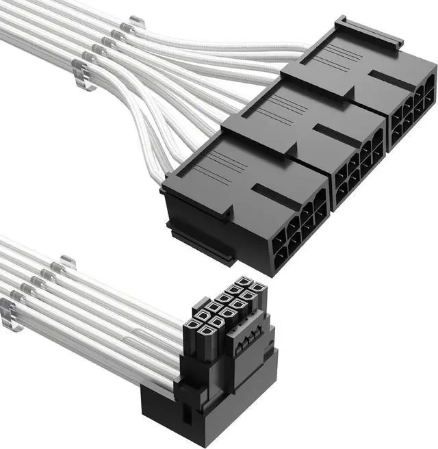 Main image of PCI-e 5.0 Cable Extender 90 Degree Angle, 12VHPWR Connector 16Pin(12+4) Male to 3x8Pin Female 16AWG Sleeved Power Extension Cord with Cable Combs for RTX 4090/4080/3090Ti (12.6in, White)
