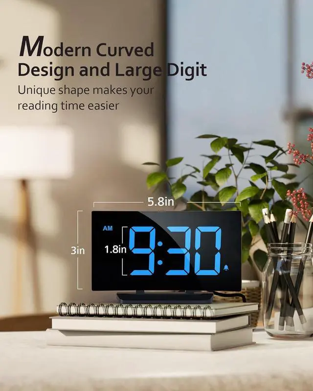 Alt view image 2 of 7 - GOLOZA Digital Alarm Clock for Bedrooms, Digital Clock with Modern Curved Design, Conspicuous Blue LED Numbers, 5 Levels Brightness+Off, 2 Volume, 3 Alarm Tones, Snooze, Power-Off Memory, 12/24H
