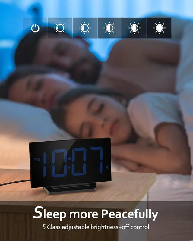 Alt view image 3 of 7 - GOLOZA Digital Alarm Clock for Bedrooms, Digital Clock with Modern Curved Design, Conspicuous Blue LED Numbers, 5 Levels Brightness+Off, 2 Volume, 3 Alarm Tones, Snooze, Power-Off Memory, 12/24H