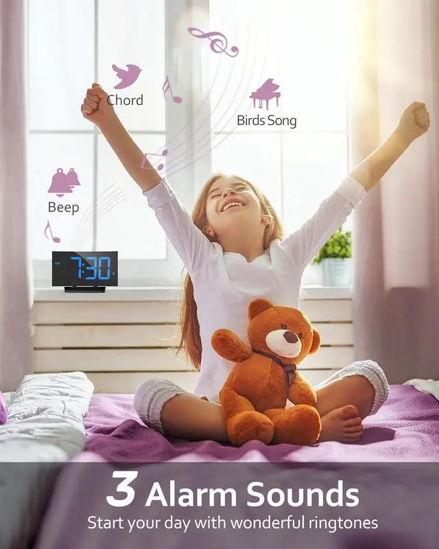 Alt view image 4 of 7 - GOLOZA Digital Alarm Clock for Bedrooms, Digital Clock with Modern Curved Design, Conspicuous Blue LED Numbers, 5 Levels Brightness+Off, 2 Volume, 3 Alarm Tones, Snooze, Power-Off Memory, 12/24H
