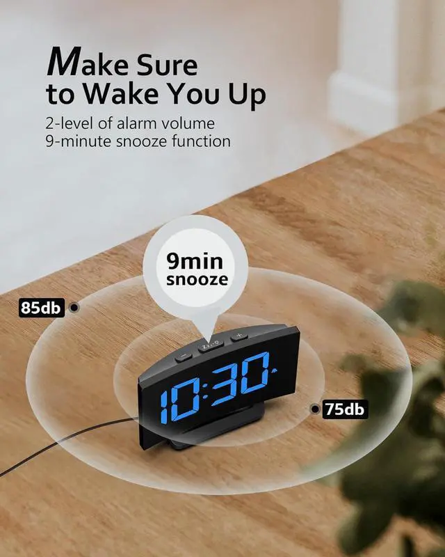 Alt view image 5 of 7 - GOLOZA Digital Alarm Clock for Bedrooms, Digital Clock with Modern Curved Design, Conspicuous Blue LED Numbers, 5 Levels Brightness+Off, 2 Volume, 3 Alarm Tones, Snooze, Power-Off Memory, 12/24H